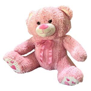 Valentine Pink Teddy Bear Plush 14"‎ Smiling Hearts Love Gauzy Bow Girl Gift